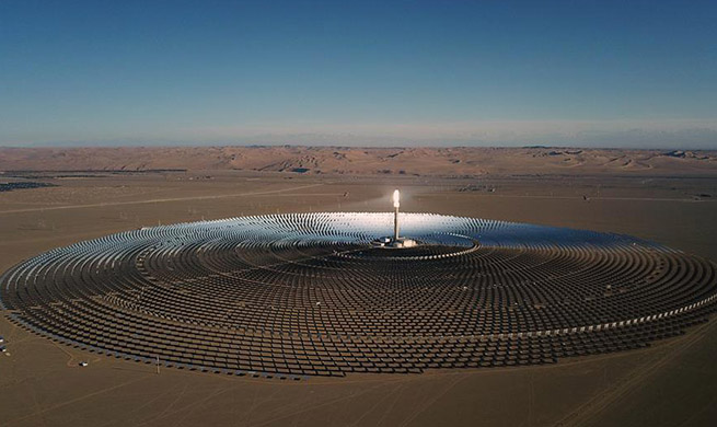 Aerial photo of heliostats of molten-salt solar thermal power plant in China's Gansu